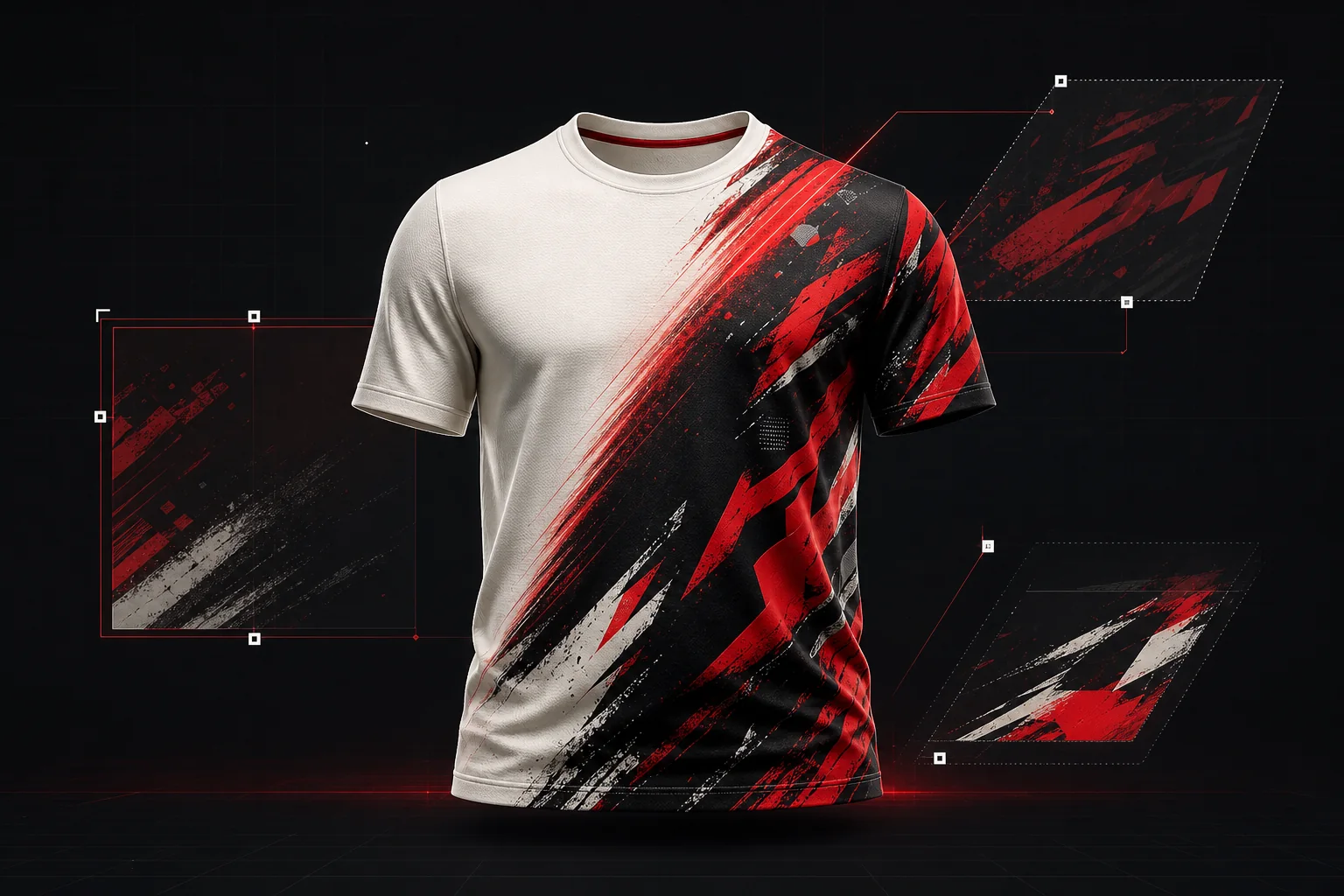 Remera que pasa de una base lisa a un diseño personalizado rojo y negro