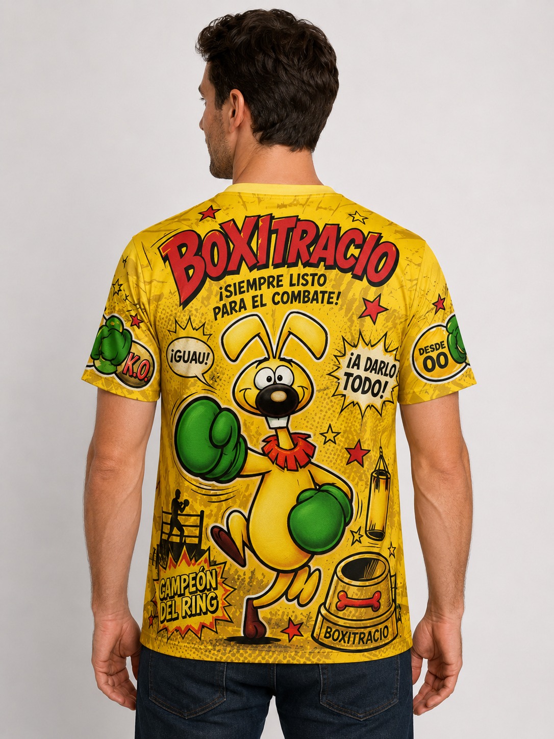 Remera amarilla Boxitracio Campeon del Ring vista espalda
