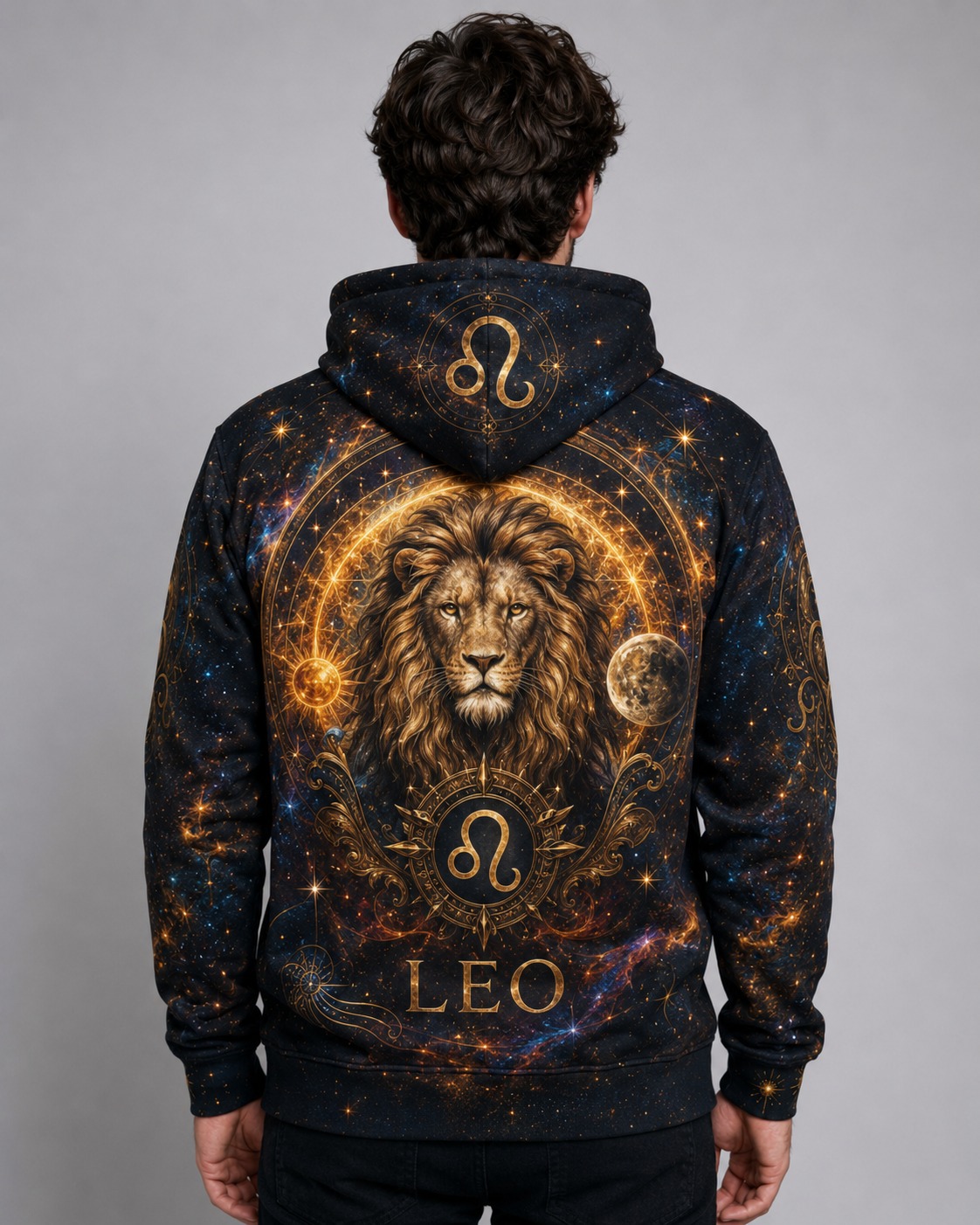 Buzo Leo signo zodiacal diseño cósmico full print Ranwey vista espalda