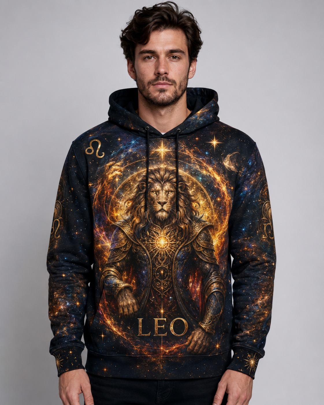 Buzo Leo signo zodiacal diseño cósmico full print Ranwey frente alternativo