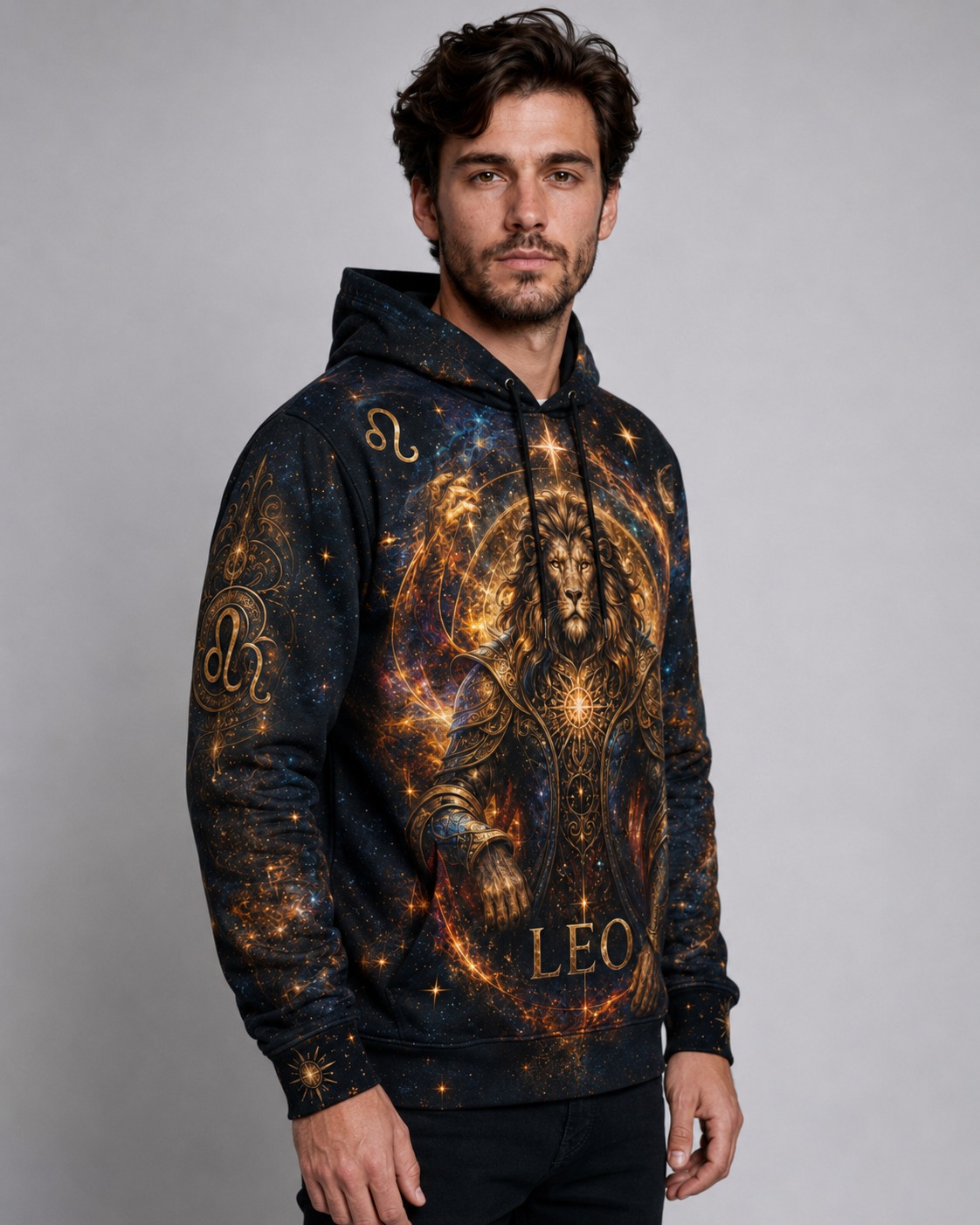 Buzo Leo signo zodiacal diseño cósmico full print Ranwey vista frontal