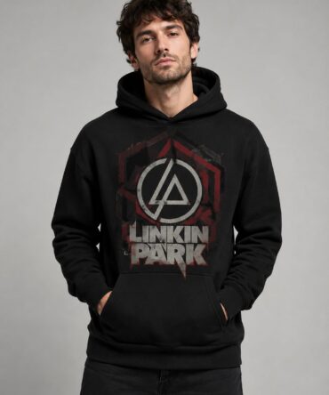 Buzo Linkin Park negro con diseño grunge rojo blanco y gris