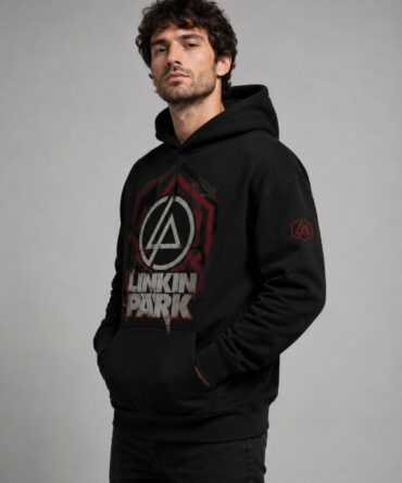 Buzo Linkin Park negro con diseño grunge rojo blanco y gris