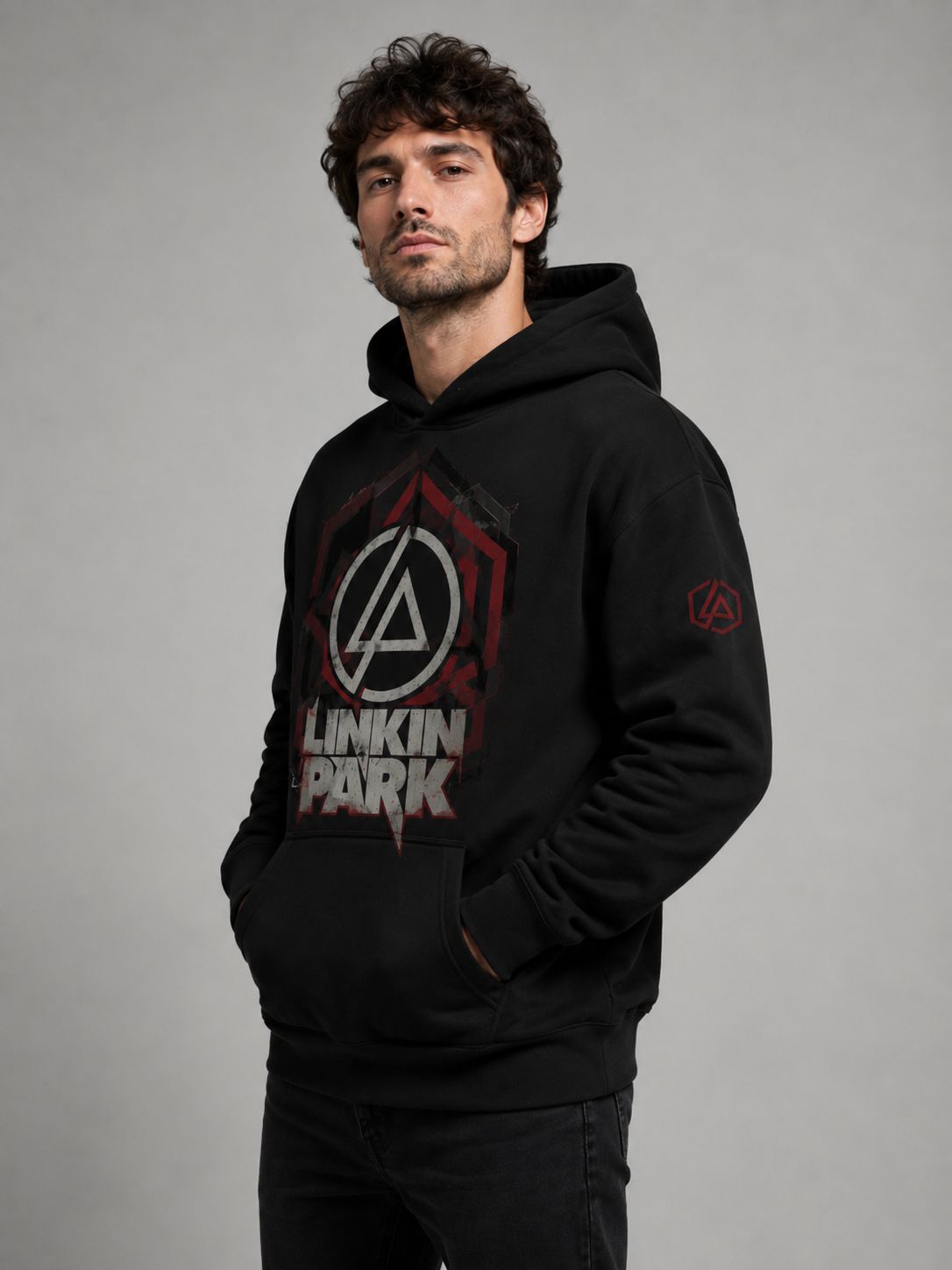 Buzo Linkin Park negro con diseño grunge rojo blanco y gris