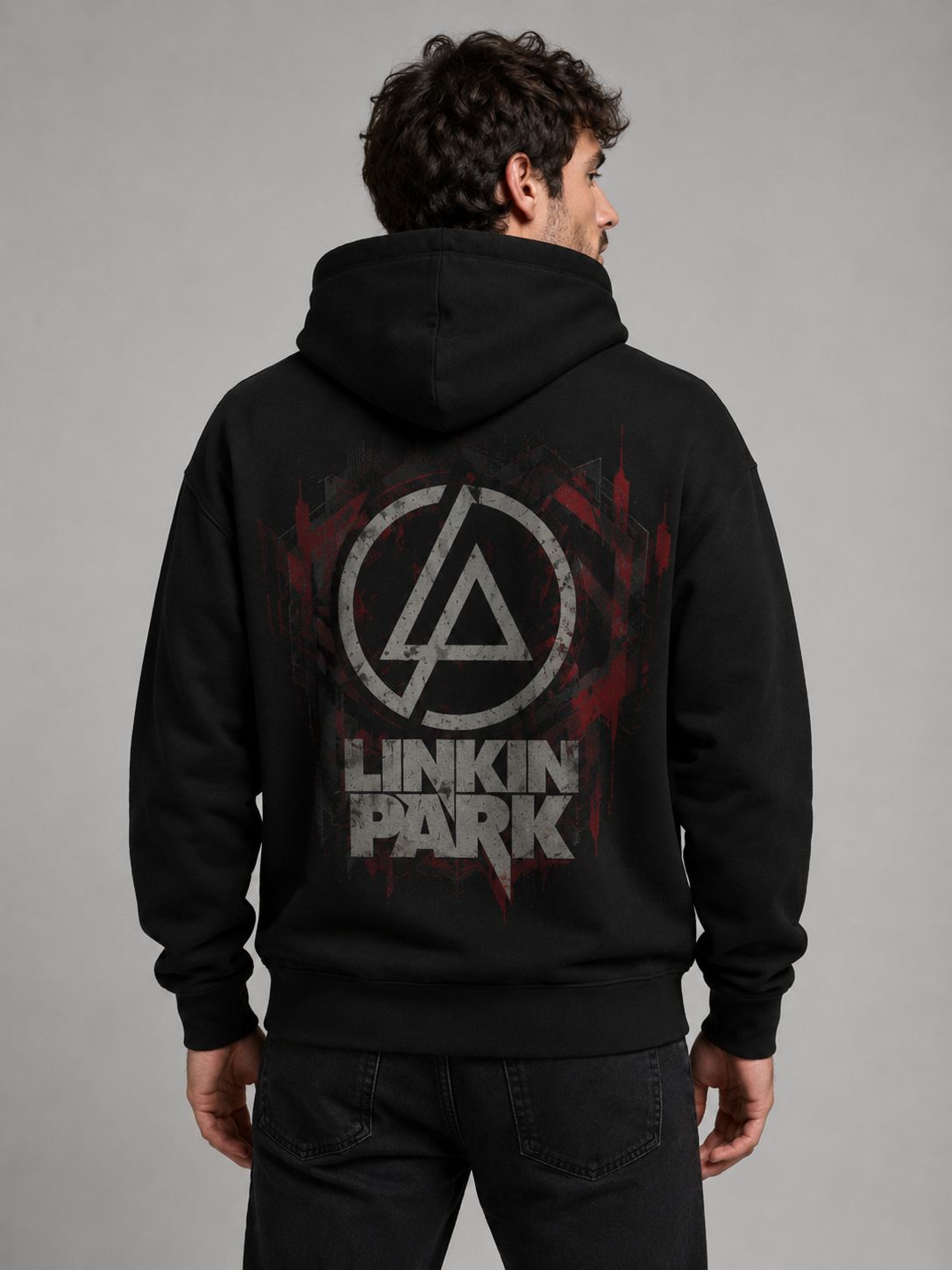 Buzo Linkin Park negro con diseño grunge rojo blanco y gris
