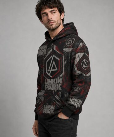 Buzo Linkin Park negro rojo y gris con diseño grunge
