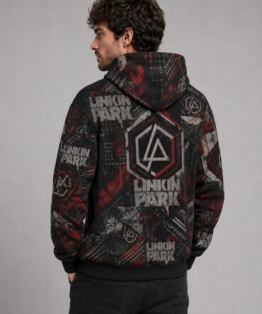 Buzo Linkin Park negro rojo y gris con diseño grunge