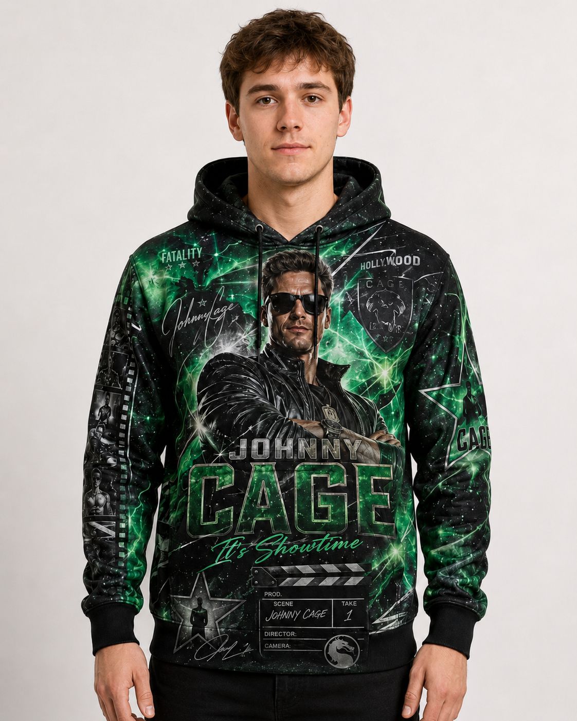 Buzo Mortal Kombat Johnny Cage negro y verde full print