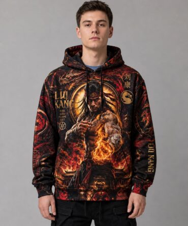 Buzo Mortal Kombat Liu Kang Fire God negro rojo y dorado full print