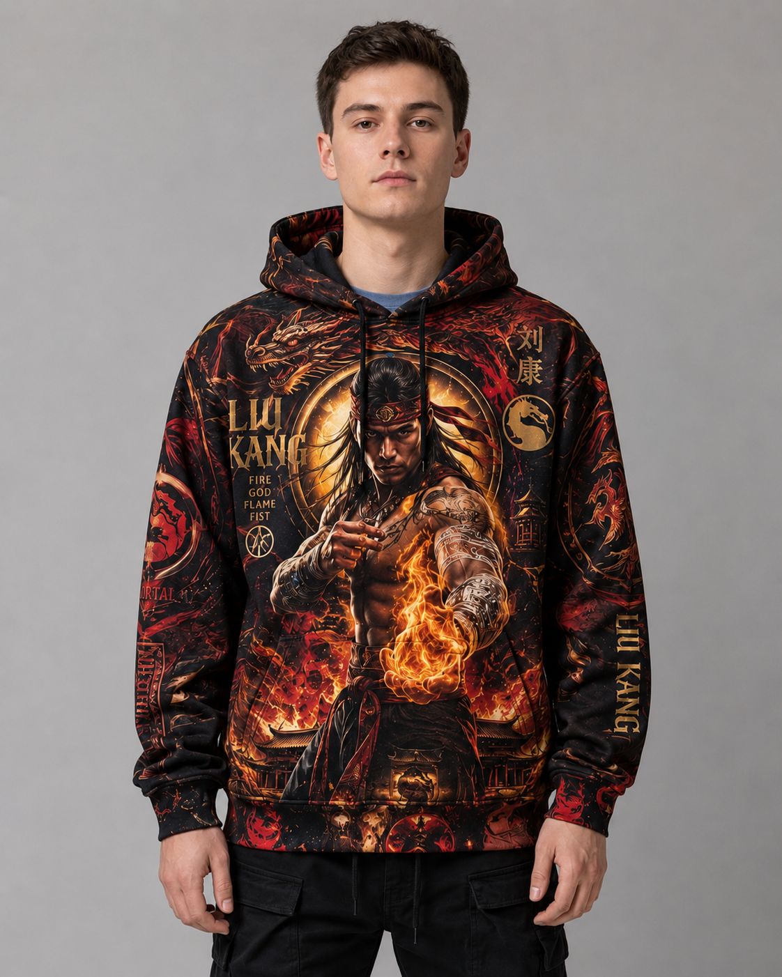 Buzo Mortal Kombat Liu Kang Fire God negro rojo y dorado full print