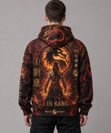 Buzo Mortal Kombat Liu Kang Fire God negro rojo y dorado full print