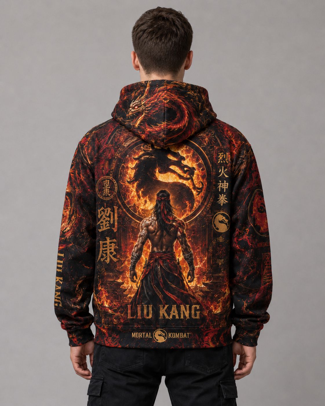 Buzo Mortal Kombat Liu Kang Fire God negro rojo y dorado full print