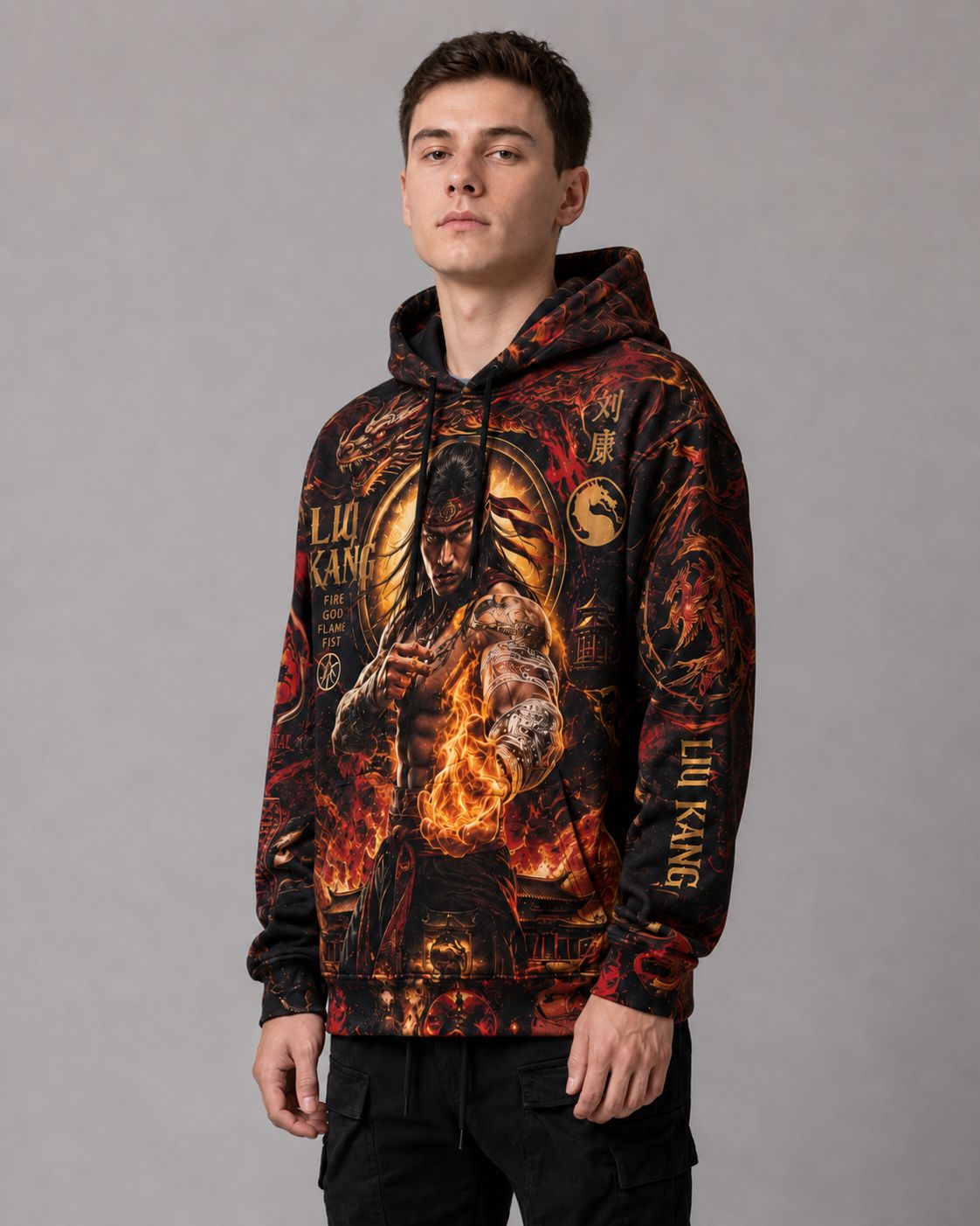 Buzo Mortal Kombat Liu Kang Fire God negro rojo y dorado full print