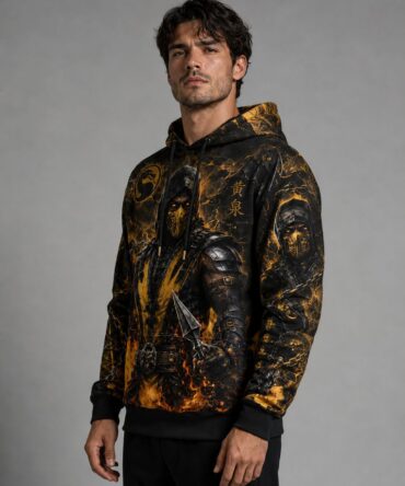 Buzo Mortal Kombat Scorpion negro y dorado full print fuego