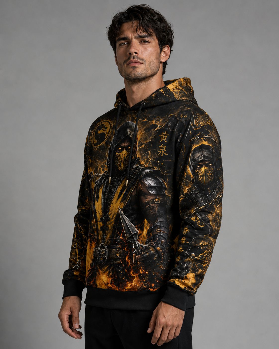Buzo Mortal Kombat Scorpion negro y dorado full print fuego