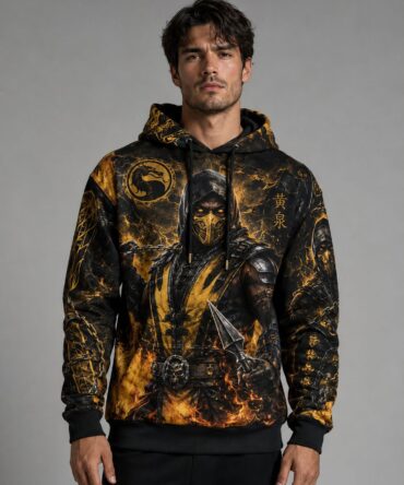 Buzo Mortal Kombat Scorpion negro y dorado full print fuego
