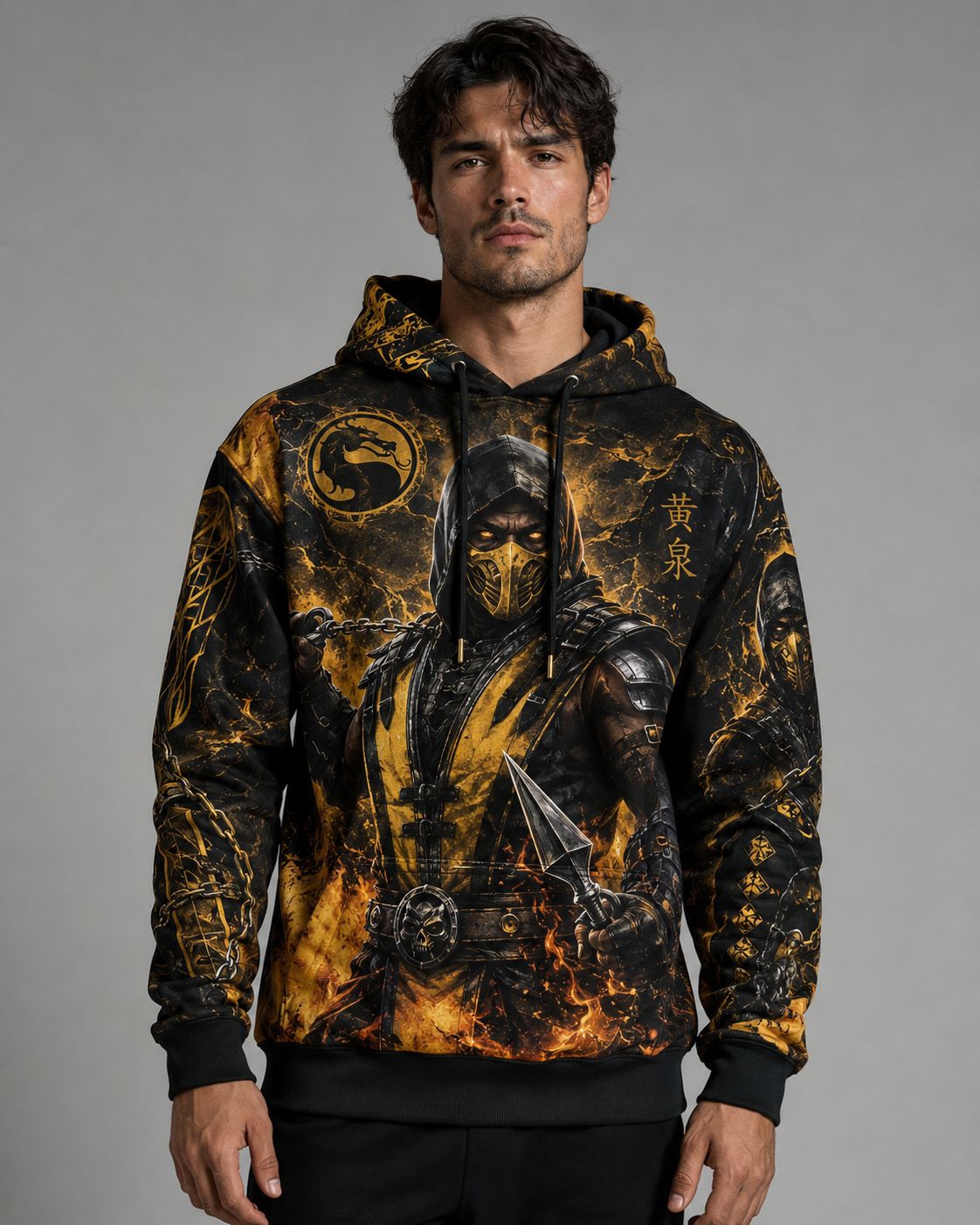 Buzo Mortal Kombat Scorpion negro y dorado full print fuego