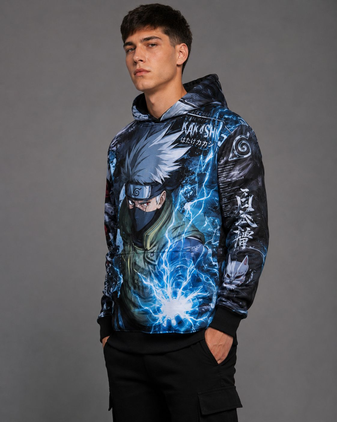 Buzo Naruto Kakashi Chidori azul y negro full print