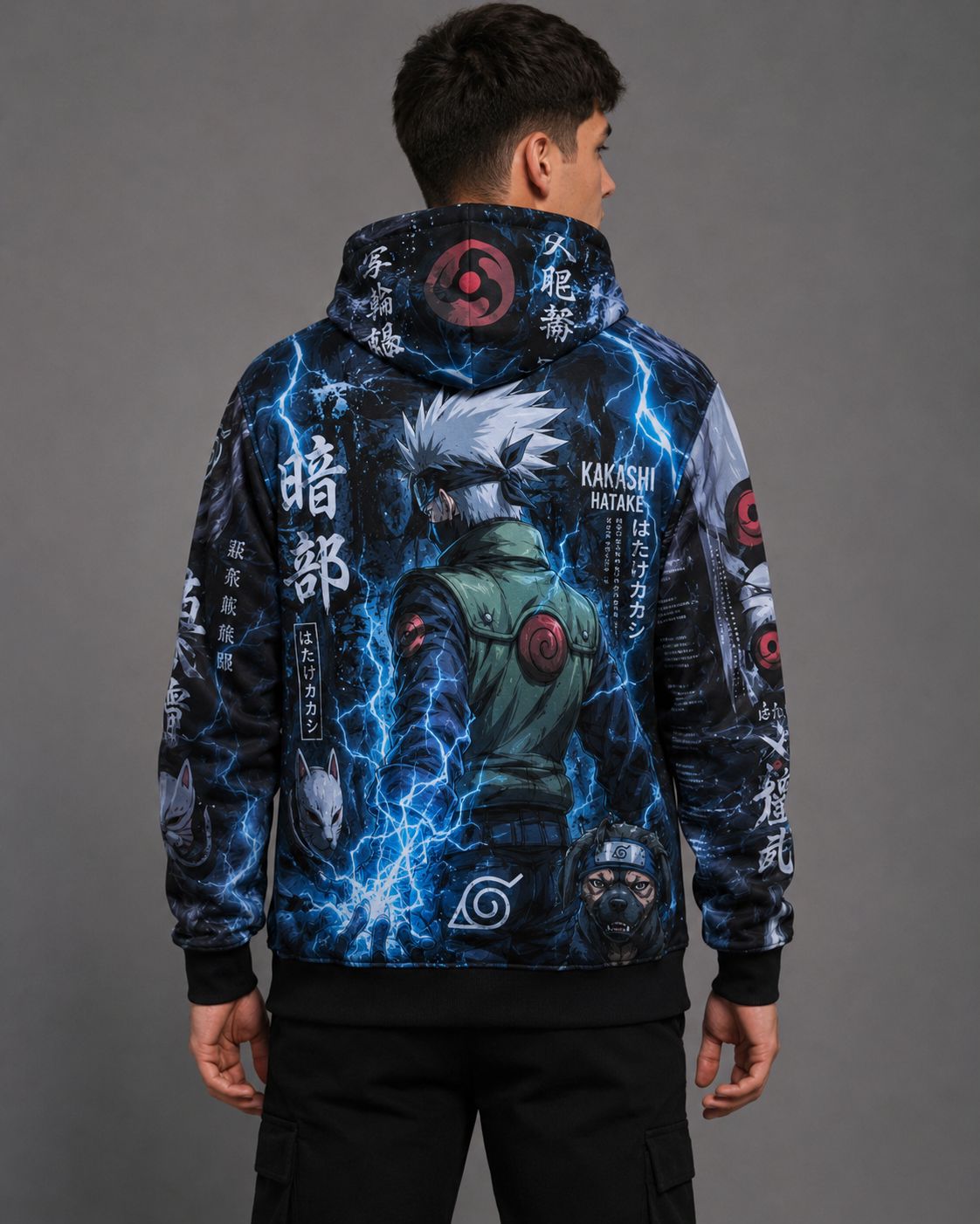 Buzo Naruto Kakashi Chidori azul y negro full print