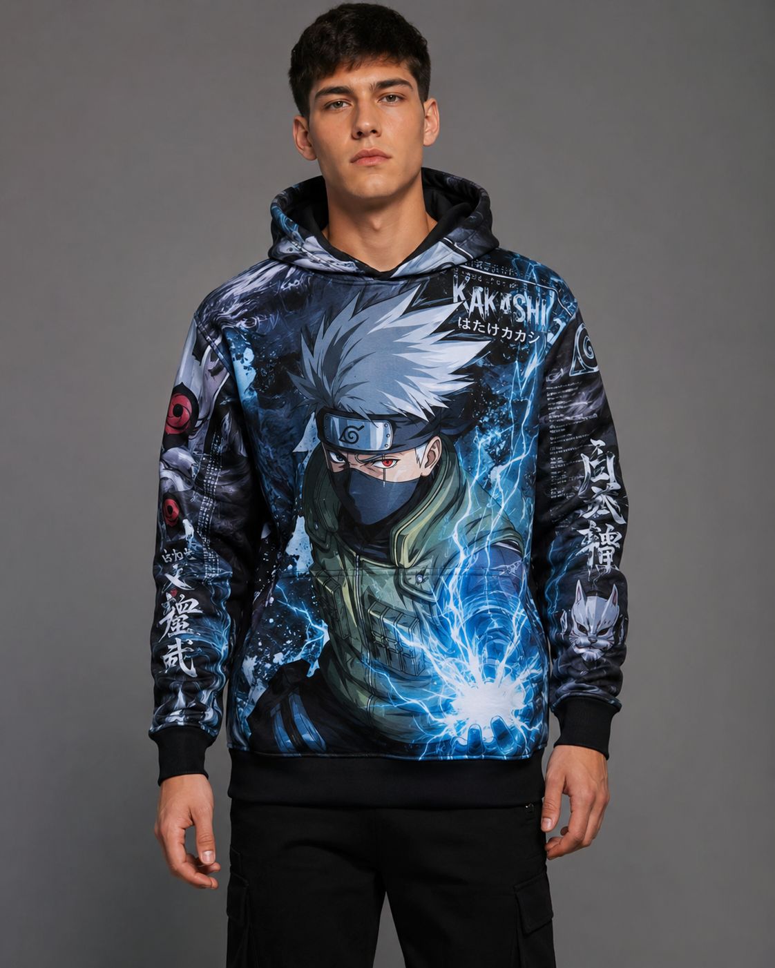 Buzo Naruto Kakashi Chidori azul y negro full print