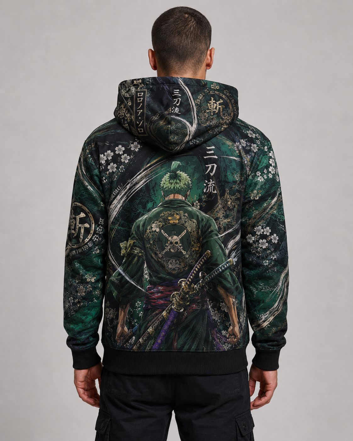 Buzo One Piece Zoro Santoryu verde y negro full print