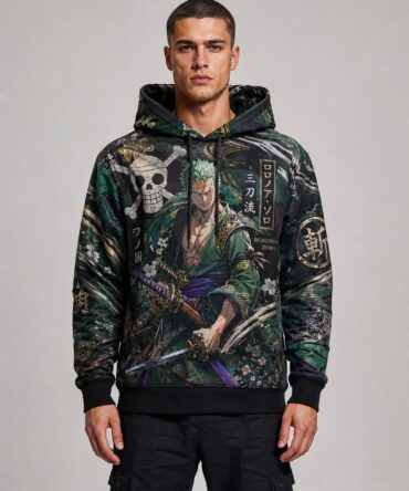 Buzo One Piece Zoro Santoryu vista frontal verde y negro