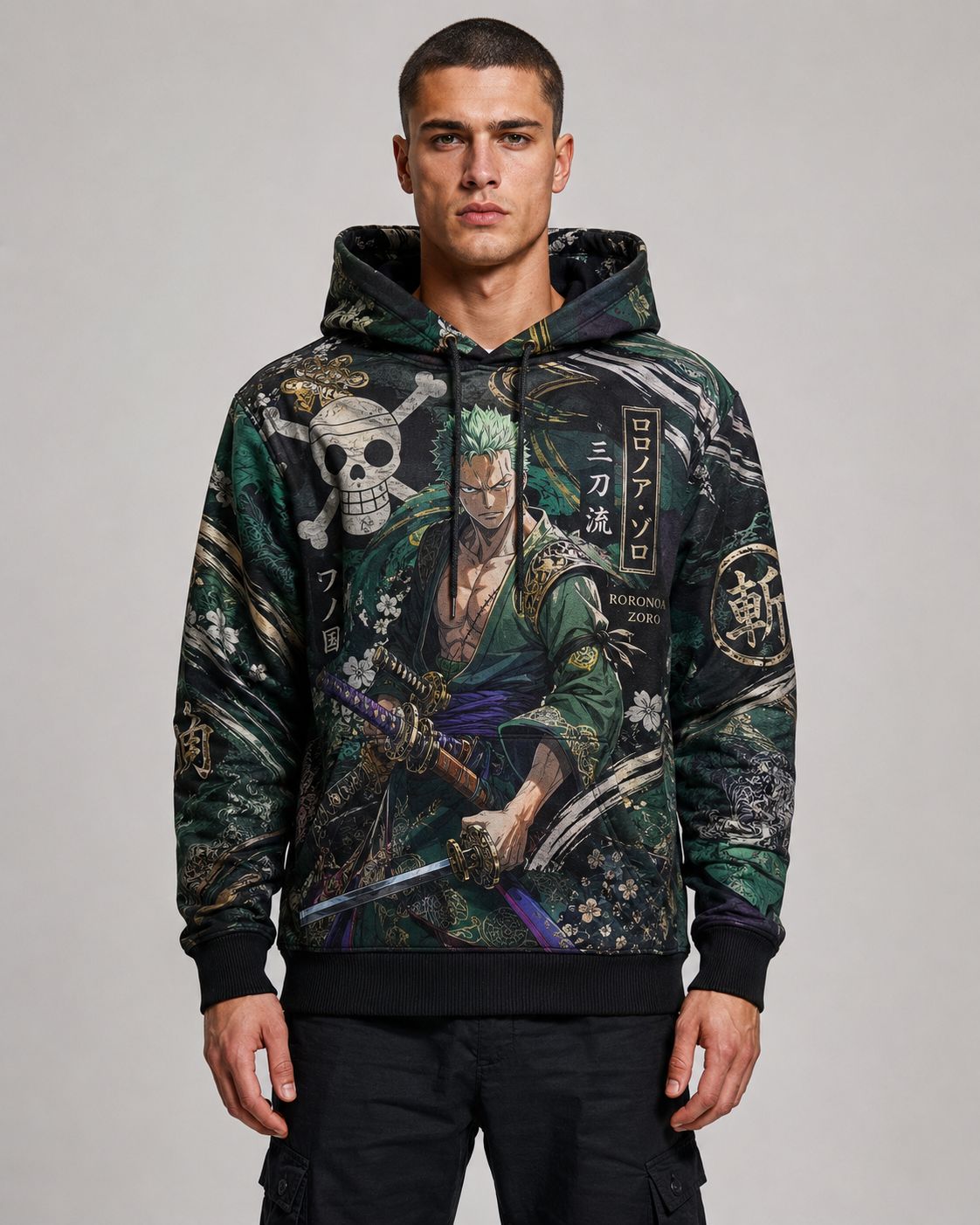 Buzo One Piece Zoro Santoryu vista frontal verde y negro