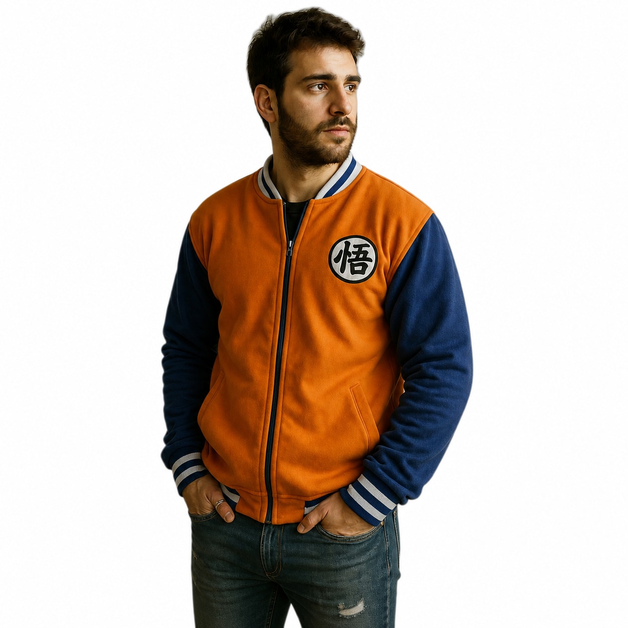 Campera universitaria Dragon Ball mockup hiperrealista semi costado