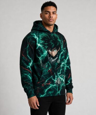 Buzo My Hero Academia One For All — frente, semi costado y espalda