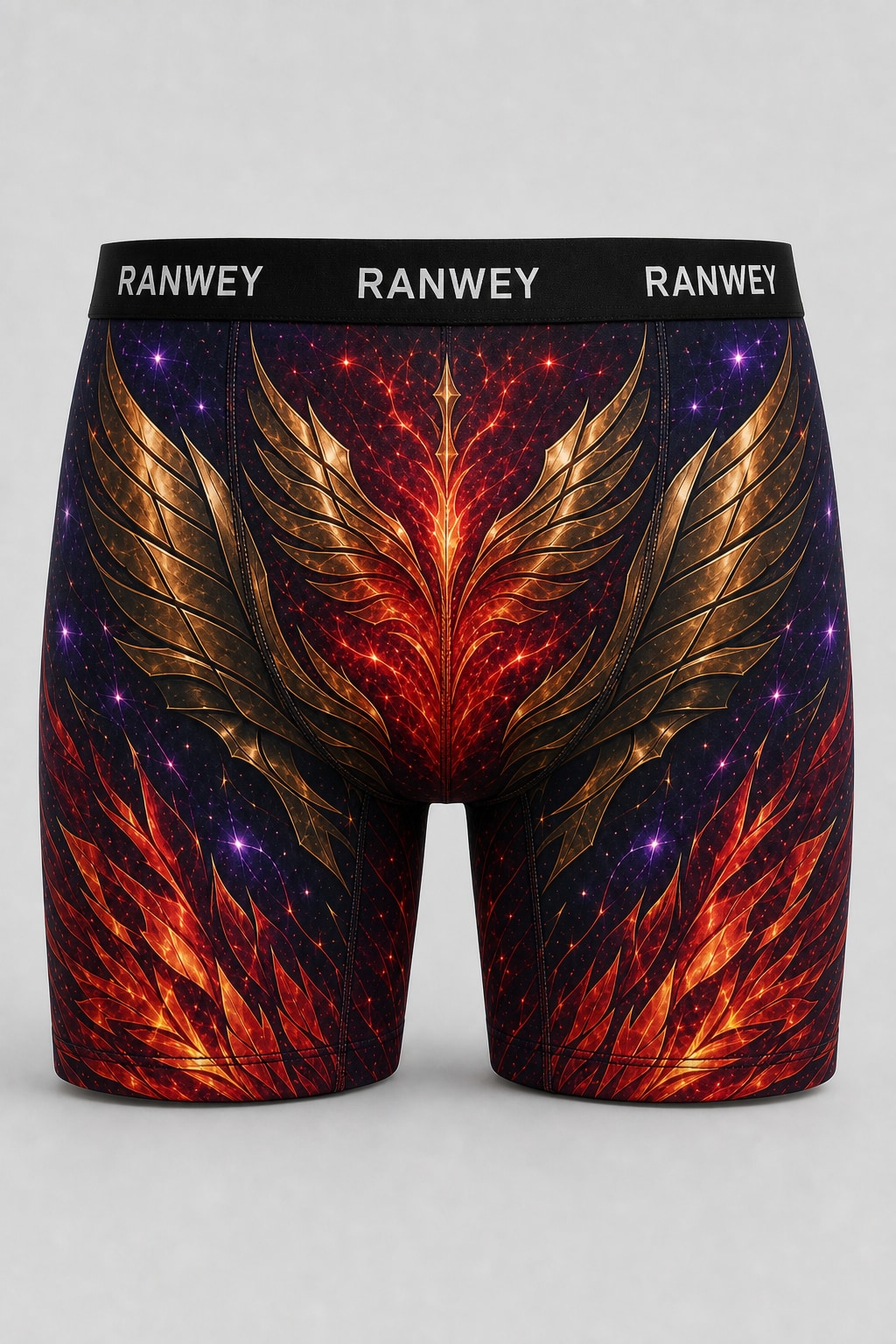 Calzoncillo Boxer Ikki - Fénix Dorado — frente, semicostado y dorso