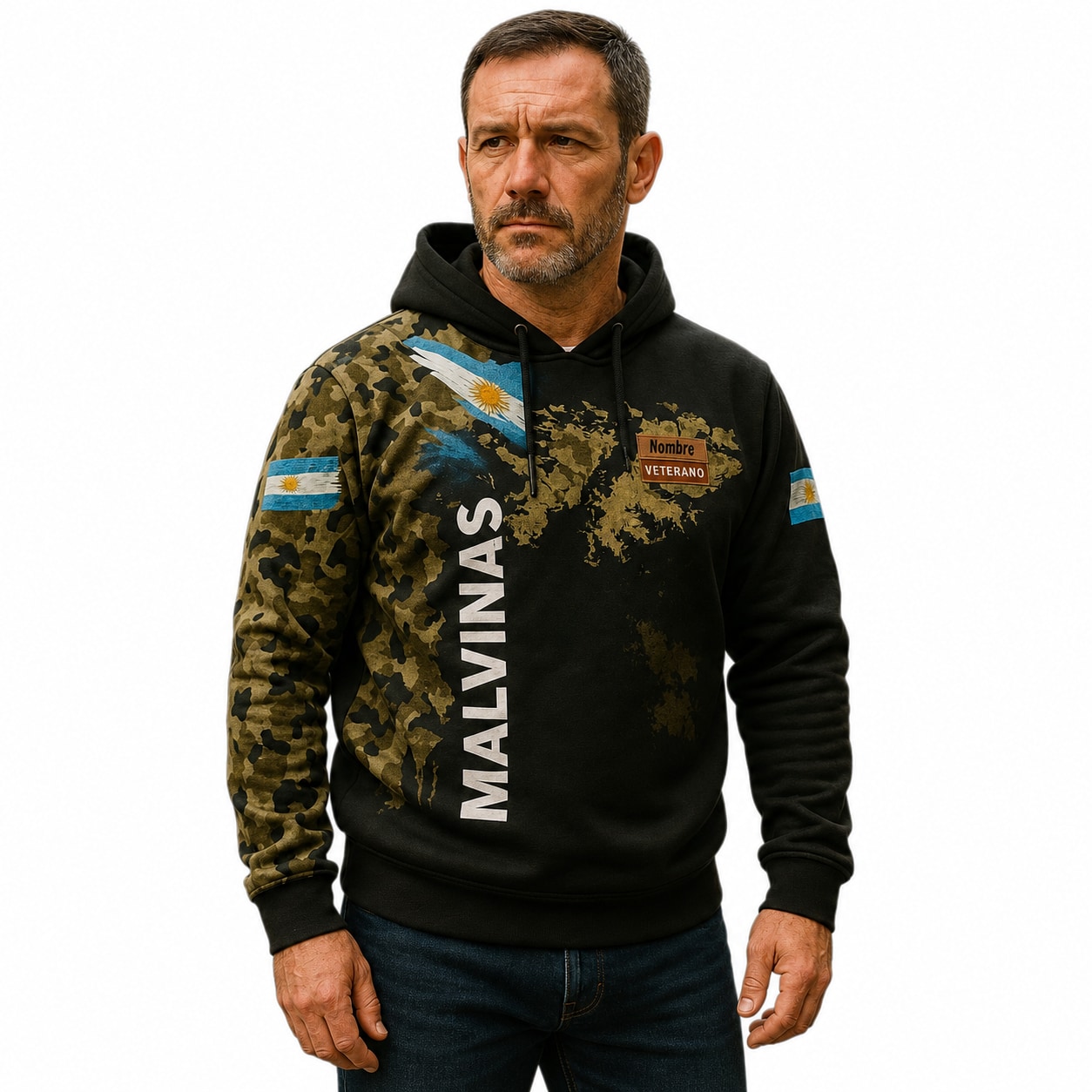 Buzo Veterano de Malvinas mockup hiperrealista semi costado
