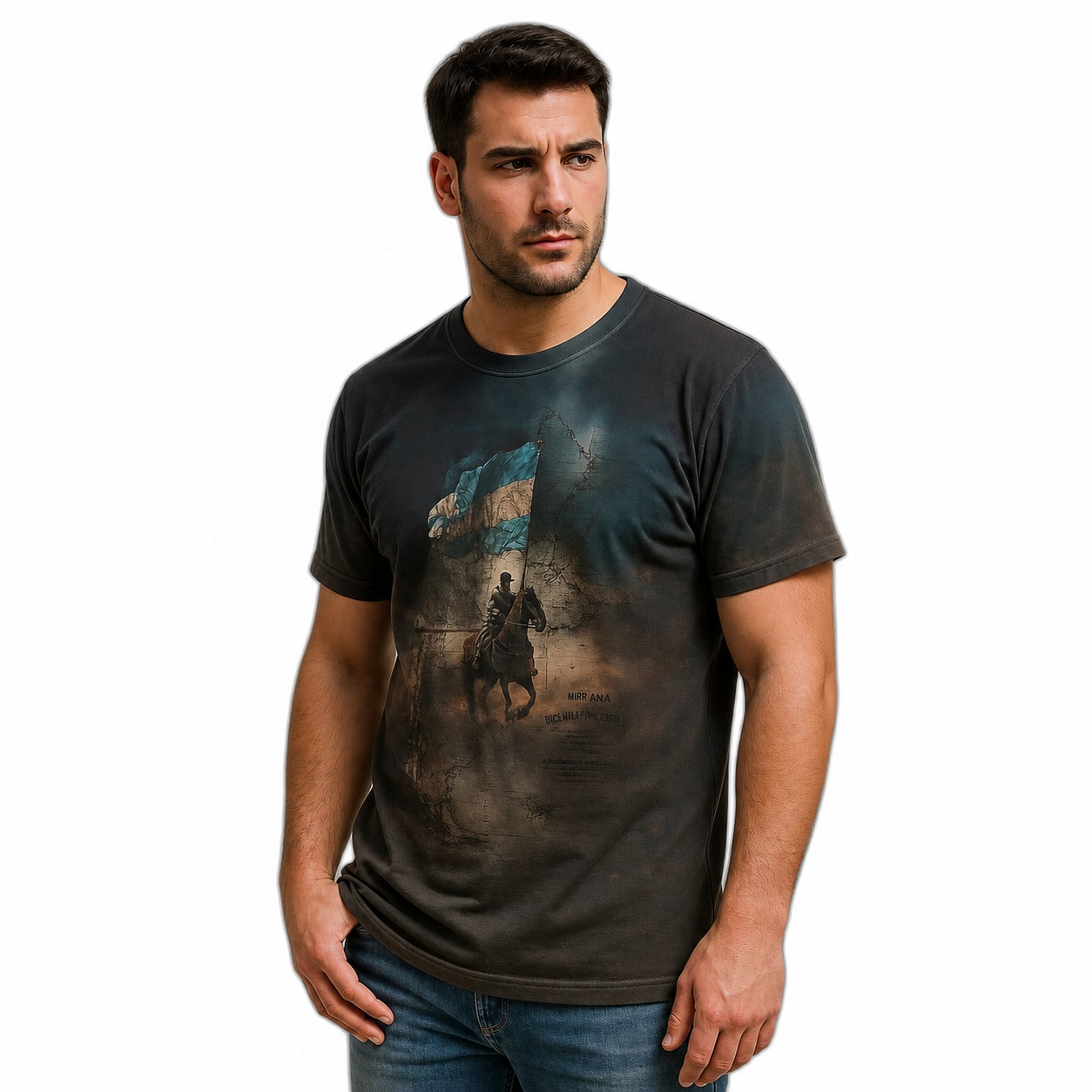 Remera José de San Martín Argentina mockup hiperrealista semi costado