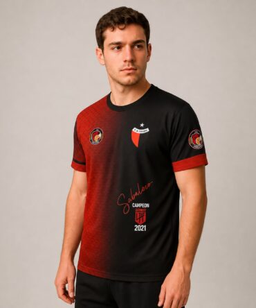 Camiseta Colon Santa Fe Campeon 2021 - semi costado con modelo humano