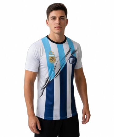 Camiseta Talleres Argentina mockup hiperrealista semi costado AFA tres estrellas