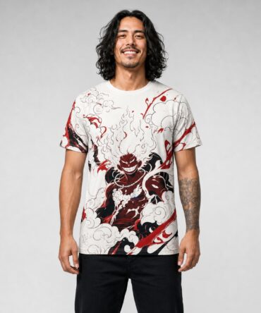 Remera One Piece Despertar Gear Five — frente, semi costado y espalda