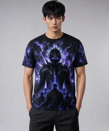 Remera Solo Leveling Monarca de las Sombras — frente, semi costado y espalda