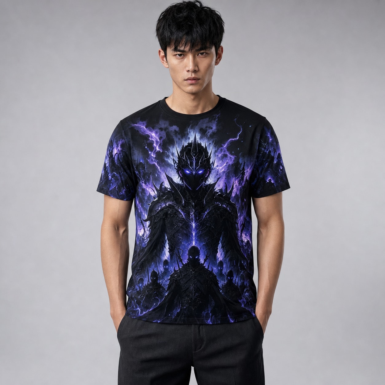 Remera Solo Leveling Monarca de las Sombras — frente, semi costado y espalda