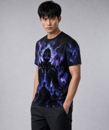 Remera Solo Leveling Monarca de las Sombras — frente, semi costado y espalda