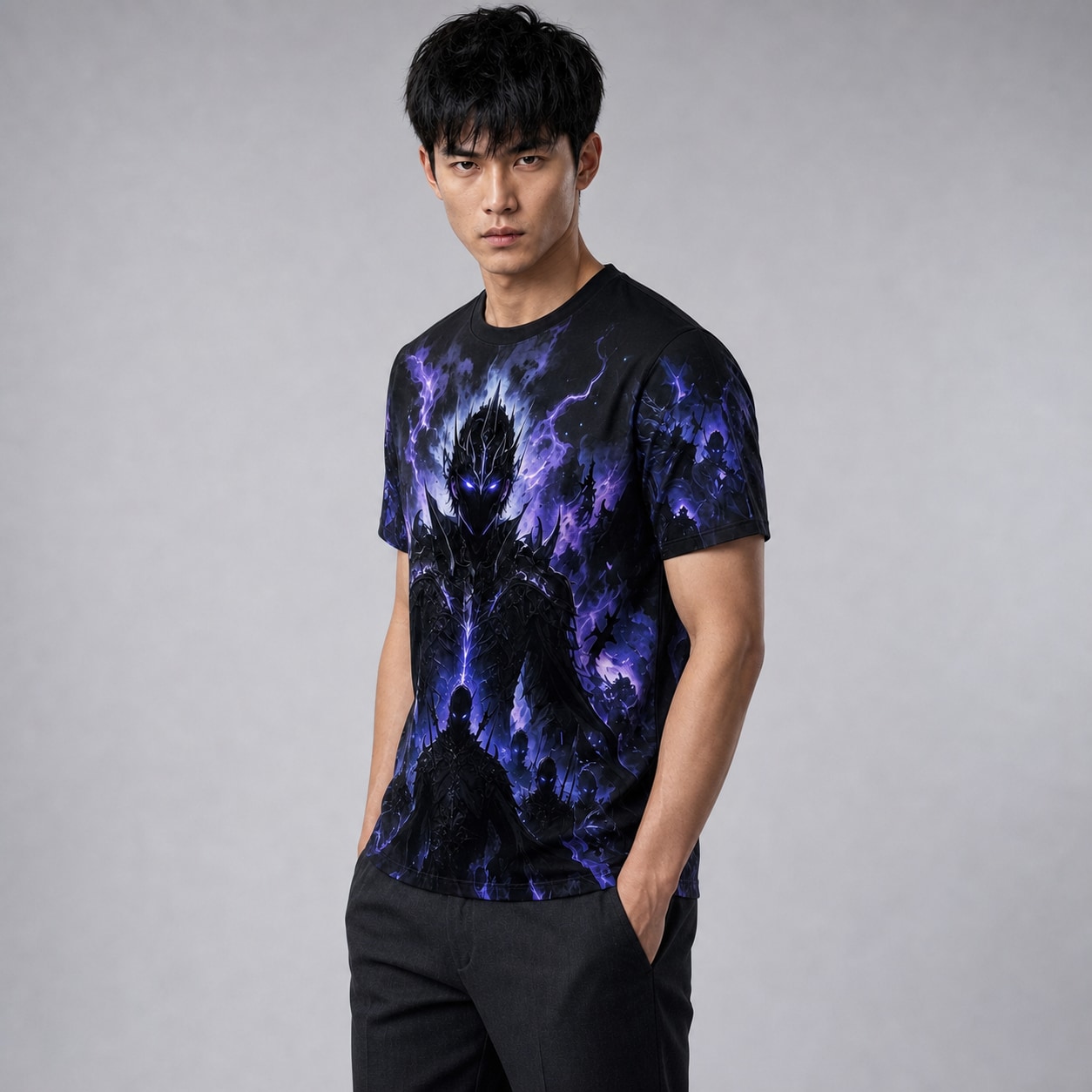 Remera Solo Leveling Monarca de las Sombras — frente, semi costado y espalda
