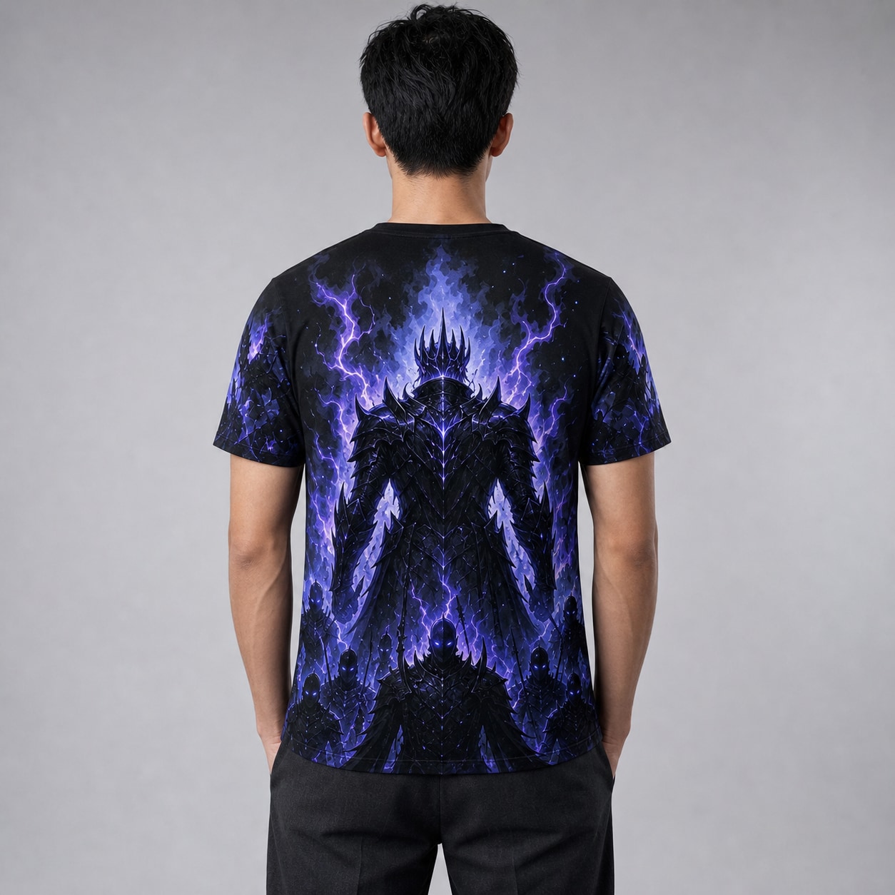 Remera Solo Leveling Monarca de las Sombras — frente, semi costado y espalda