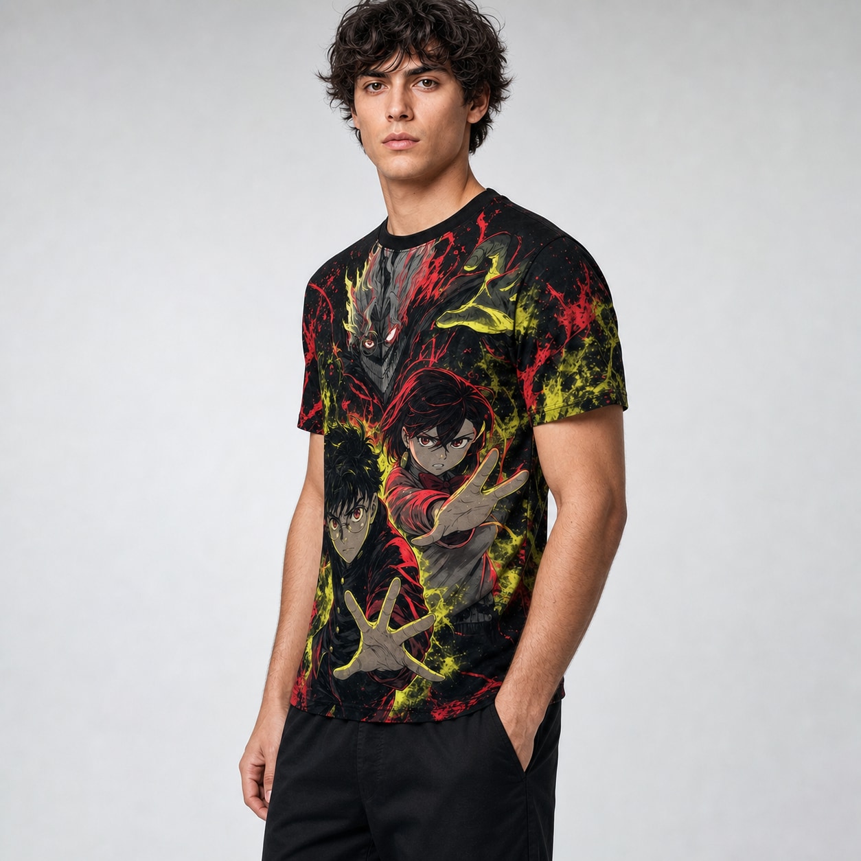 Remera Dandadan Turbo Oculto — frente, semi costado y espalda