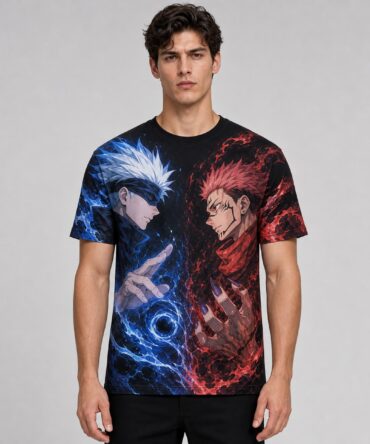 Remera Jujutsu Kaisen Choque Infinito — frente, semi costado y espalda