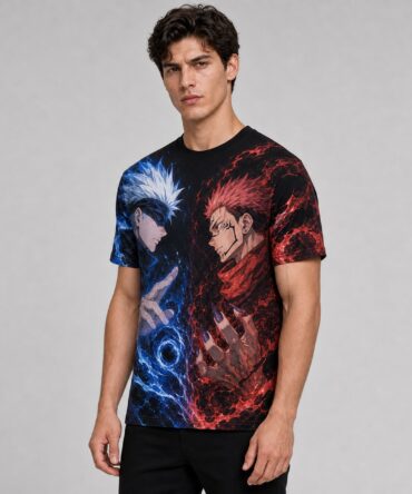Remera Jujutsu Kaisen Choque Infinito — frente, semi costado y espalda