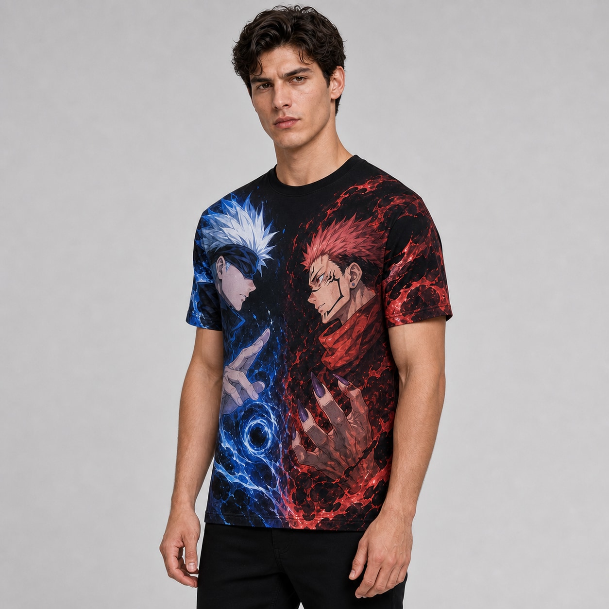 Remera Jujutsu Kaisen Choque Infinito — frente, semi costado y espalda