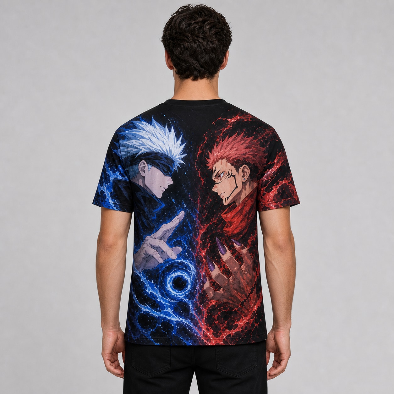 Remera Jujutsu Kaisen Choque Infinito — frente, semi costado y espalda