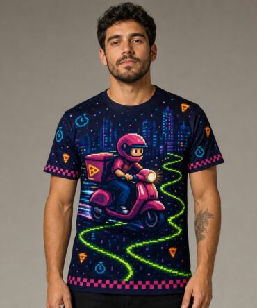 Remera Kito Pizzas - Delivery Level 2000 — frente, semi costado y espalda v3