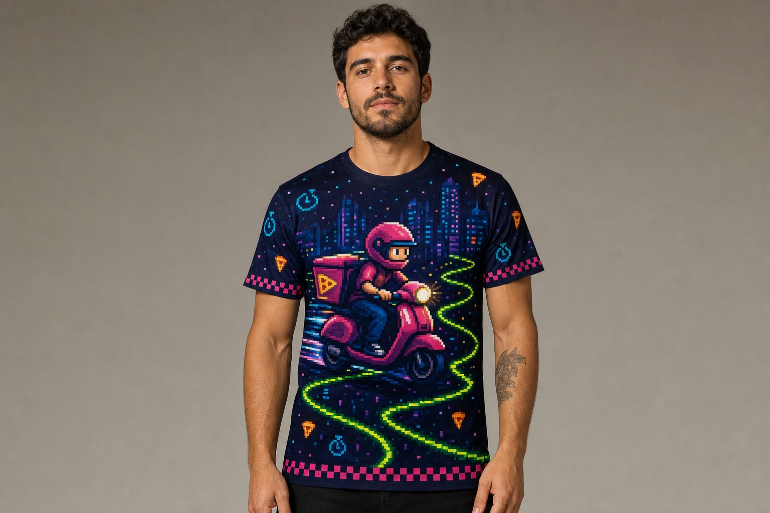 Remera Kito Pizzas - Delivery Level 2000 — frente, semi costado y espalda v3
