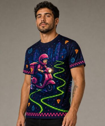 Remera Kito Pizzas - Delivery Level 2000 — frente, semi costado y espalda v3