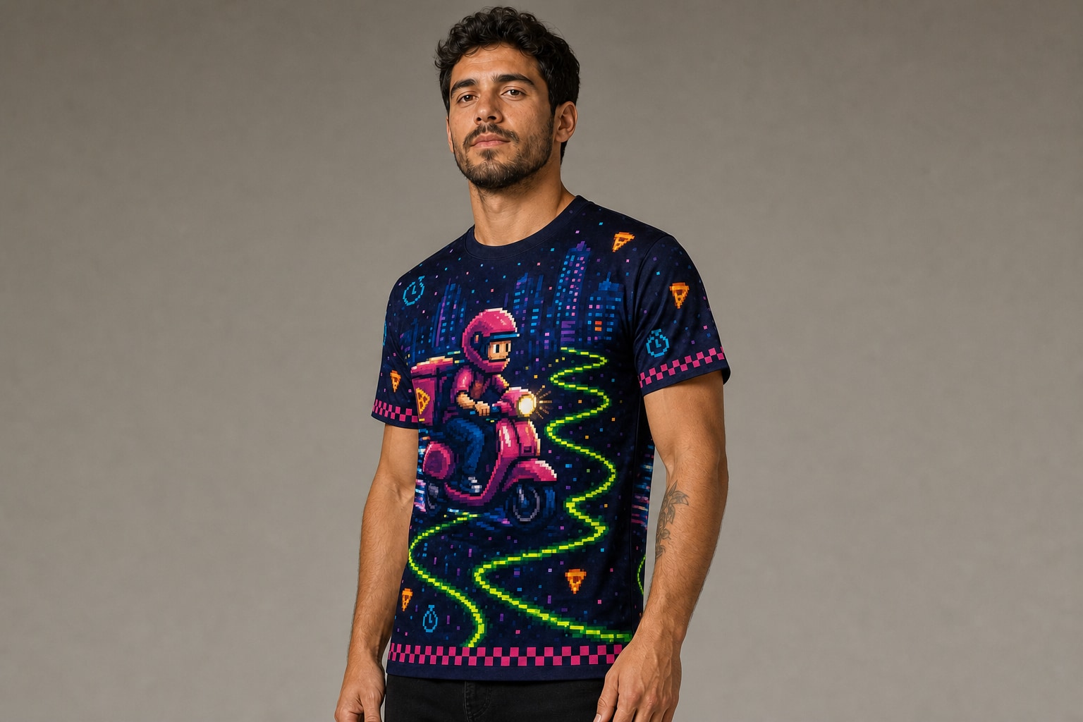 Remera Kito Pizzas - Delivery Level 2000 — frente, semi costado y espalda v3