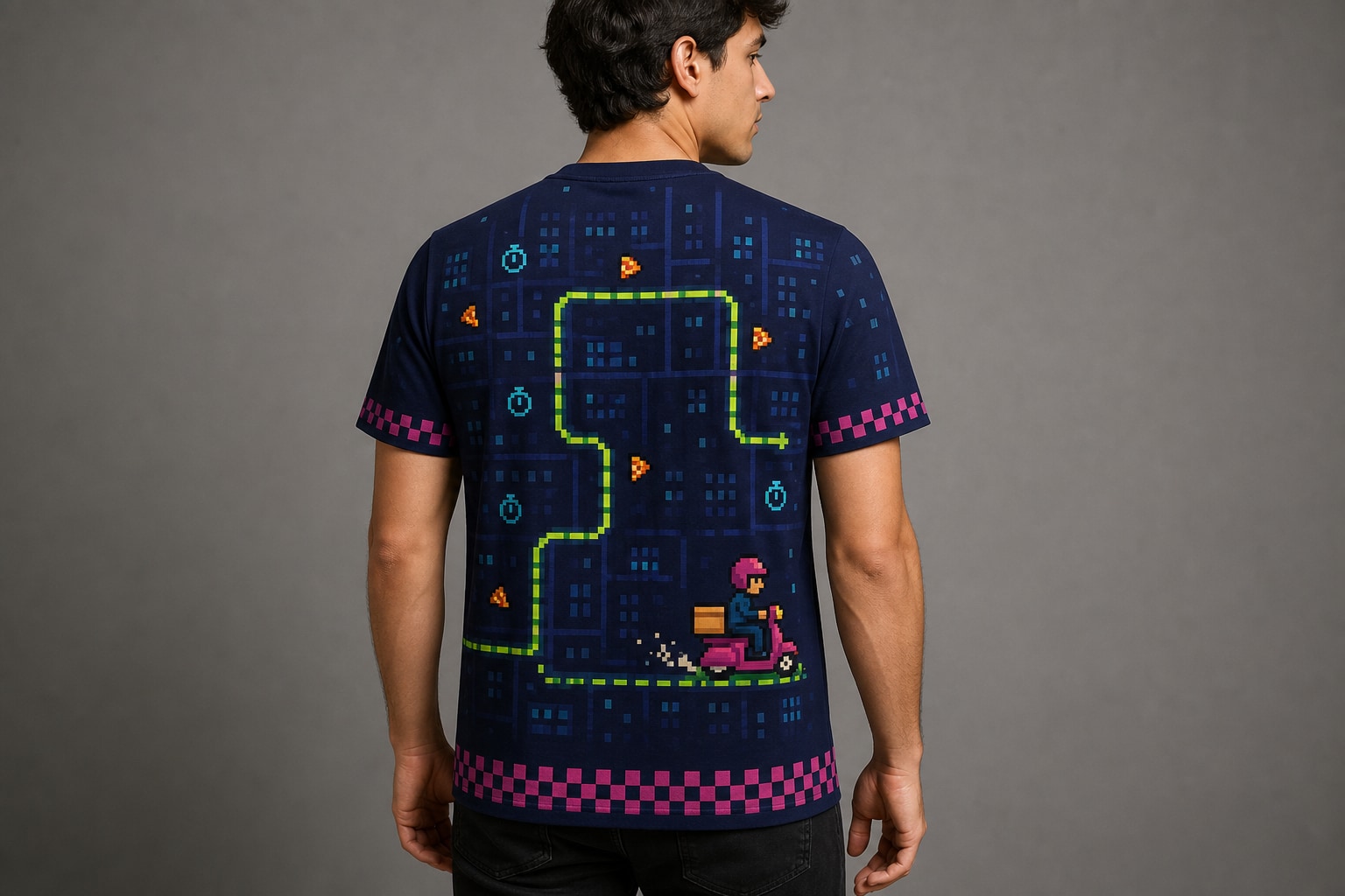 Remera Kito Pizzas - Delivery Level 2000 — frente, semi costado y espalda v3